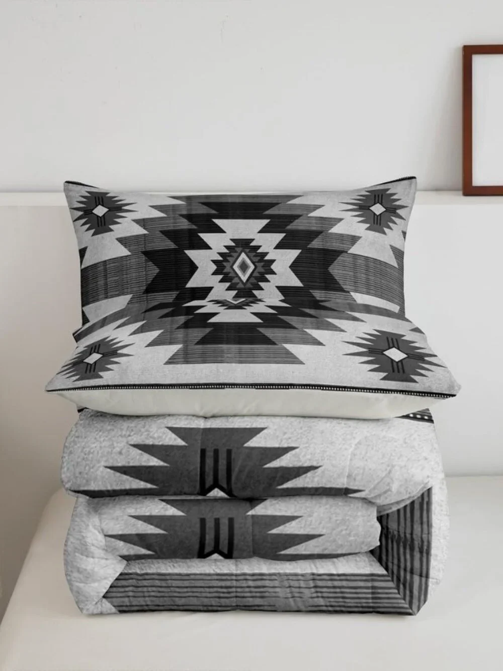 Gray Tribal Plaid Bedding Set,Southwestern Style Ethnic Grid Comforter Set for K